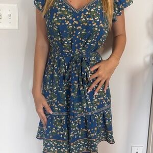 Max Studio Blue and Yellow Flutter Sleeve Sundress